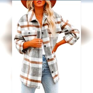 NWT!! Women's Khaki Grey Flannel Shacket Long Sleeve Button Pocket Shirt Jacket